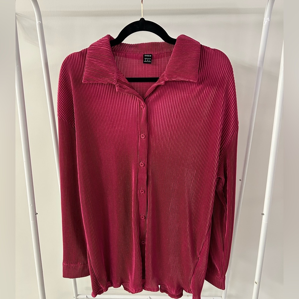 SHEIN Ribbed Button Down Shirt in Vibrant Pink